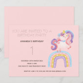Cute Rainbow Unicorn Birthday Party Invitation Kaart (Voorkant / Achterkant)