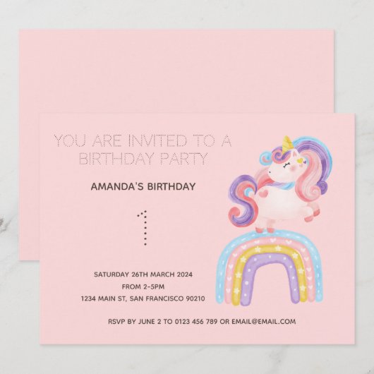 Cute Rainbow Unicorn Birthday Party Invitation Kaart (Voorkant / Achterkant)