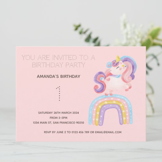 Cute Rainbow Unicorn Birthday Party Invitation Kaart (Staand voorkant)