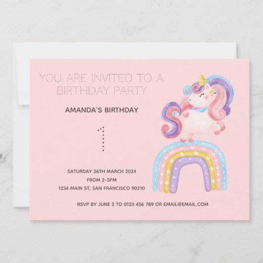 Cute Rainbow Unicorn Birthday Party Invitation Kaart (Voorkant)