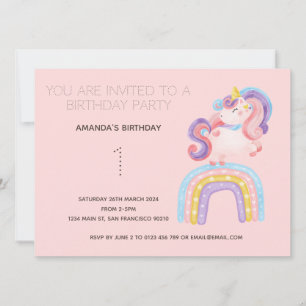 Cute Rainbow Unicorn Birthday Party Invitation Kaart
