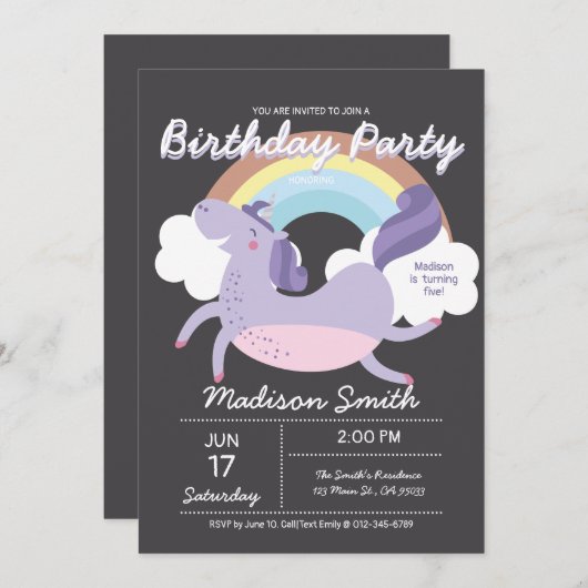 Cute Rainbow Unicorn Birthday Party Invitation Kaart (Voorkant / Achterkant)