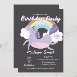 Cute Rainbow Unicorn Birthday Party Invitation Kaart