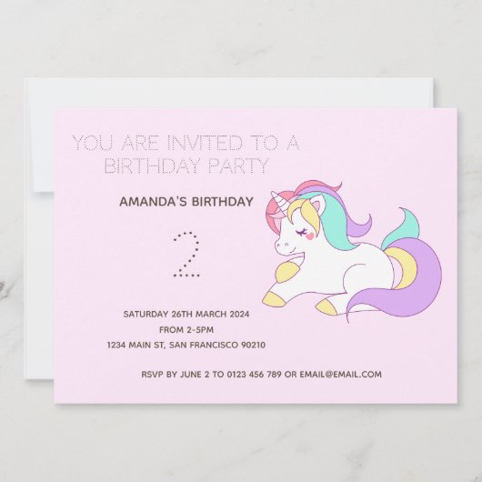 Cute Rainbow Unicorn Birthday Party Invitation Kaart (Voorkant)