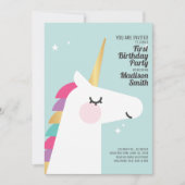 Cute Rainbow Unicorn Birthday Party Invitation Kaart (Voorkant)
