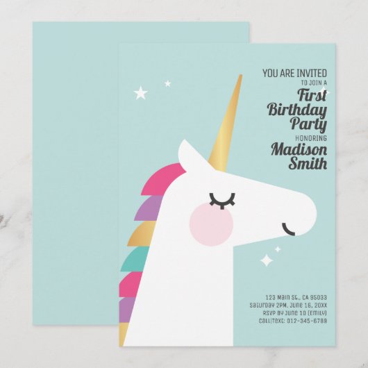 Cute Rainbow Unicorn Birthday Party Invitation Kaart (Voorkant / Achterkant)
