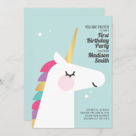 Cute Rainbow Unicorn Birthday Party Invitation Kaart