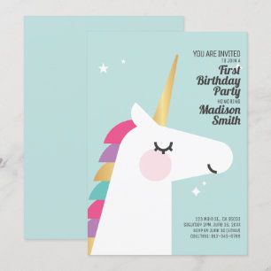 Cute Rainbow Unicorn Birthday Party Invitation Kaart