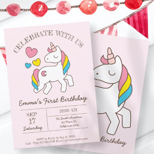 Cute Rainbow Unicorn Birthday Party Invitation Kaart