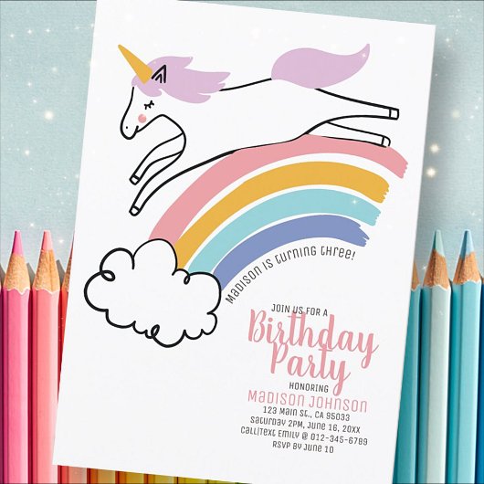 Cute Rainbow Unicorn Birthday Party Invitation Kaart
