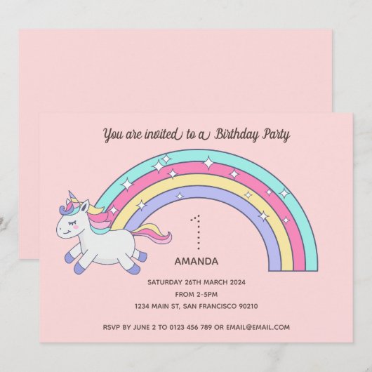 Cute Rainbow Unicorn Birthday Party Invitation Kaart (Voorkant / Achterkant)