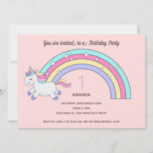 Cute Rainbow Unicorn Birthday Party Invitation Kaart