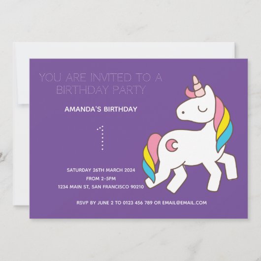 Cute Rainbow Unicorn Birthday Party Invitation Kaart (Voorkant)