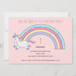 Cute Rainbow Unicorn Birthday Party Invitation Kaart