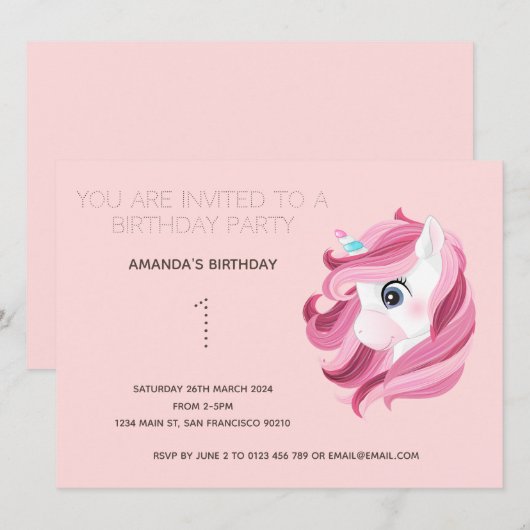Cute Rainbow Unicorn Birthday Party Invitation Kaart (Voorkant / Achterkant)
