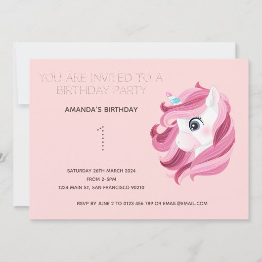 Cute Rainbow Unicorn Birthday Party Invitation Kaart (Voorkant)