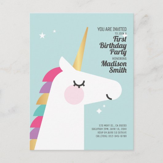 Cute Rainbow Unicorn Birthday Party Invitation Uitnodiging Briefkaart (Voorkant)