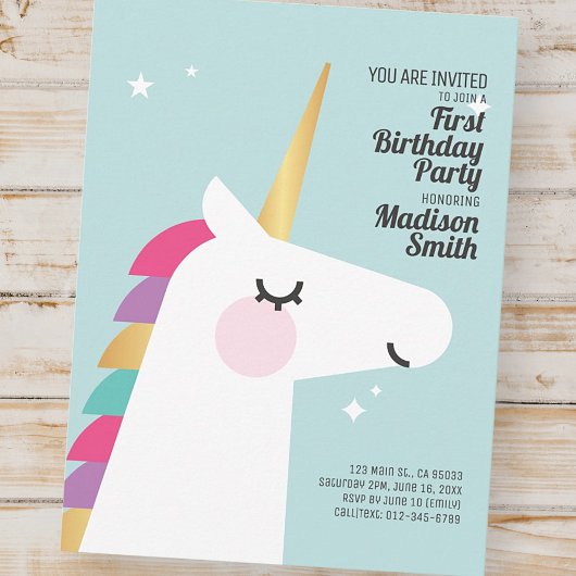 Cute Rainbow Unicorn Birthday Party Invitation Uitnodiging Briefkaart