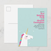 Cute Rainbow Unicorn Birthday Party Invitation Uitnodiging Briefkaart (Voorkant / Achterkant)