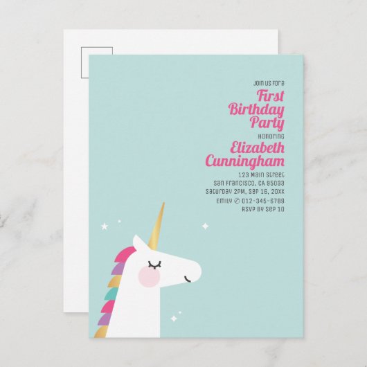 Cute Rainbow Unicorn Birthday Party Invitation Uitnodiging Briefkaart (Voorkant / Achterkant)