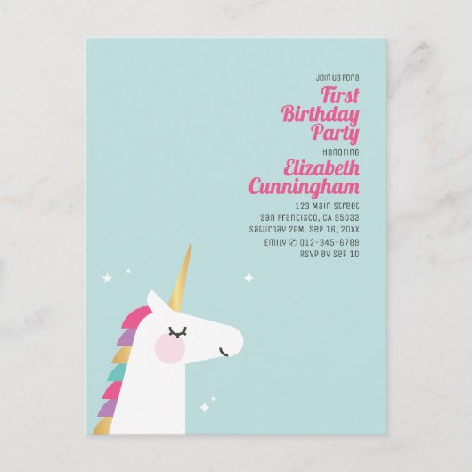 Cute Rainbow Unicorn Birthday Party Invitation Uitnodiging Briefkaart (Voorkant)