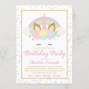 Cute Rainbow Unicorn Birthday Party Kaart
