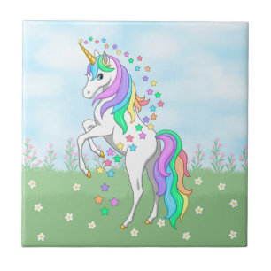 Cute Rainbow Unicorn Colorful Stars & Flowers Tegeltje