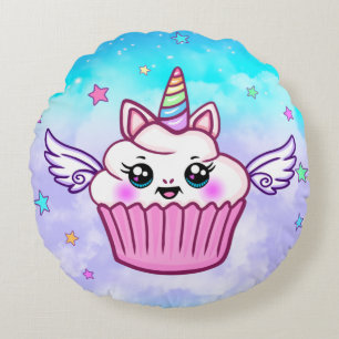Cute Rainbow Unicorn Cupcake Kawaii Round Pillow Rond Kussen