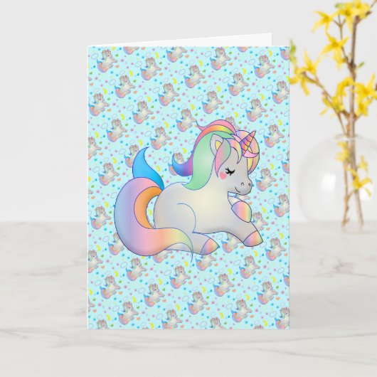 Cute Rainbow Unicorn Custom Message Sjabloon Card (Gele Bloem)