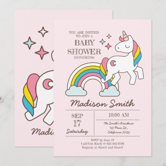 Cute Rainbow Unicorn en Sparkles Baby shower Kaart (Voorkant / Achterkant)