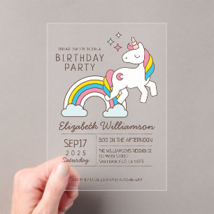 Cute Rainbow Unicorn en Sparkles Birthday Acryl Uitnodigingen