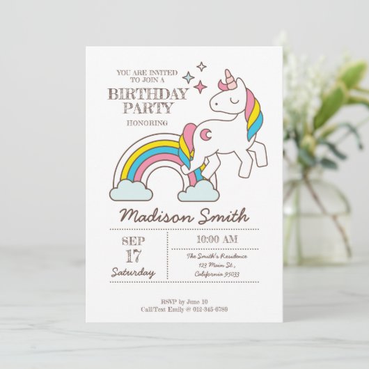Cute Rainbow Unicorn en Sparkles Birthday Kaart (Staand voorkant)
