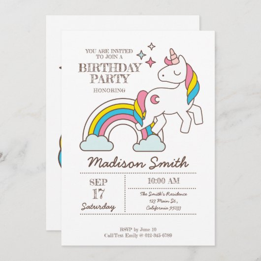 Cute Rainbow Unicorn en Sparkles Birthday Kaart (Voorkant / Achterkant)