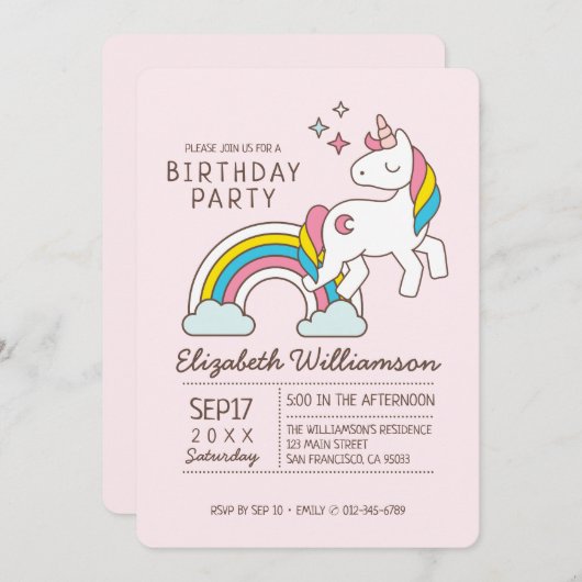 Cute Rainbow Unicorn en Sparkles Birthday Kaart (Voorkant / Achterkant)