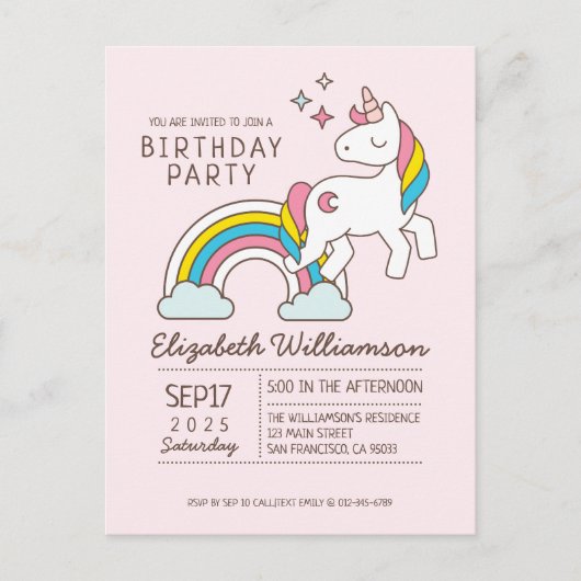 Cute Rainbow Unicorn en Sparkles Birthday Uitnodiging Briefkaart (Voorkant)
