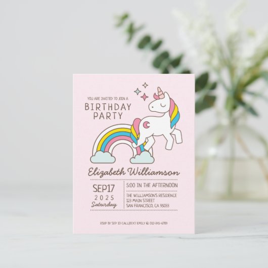 Cute Rainbow Unicorn en Sparkles Birthday Uitnodiging Briefkaart (Staand voorkant)
