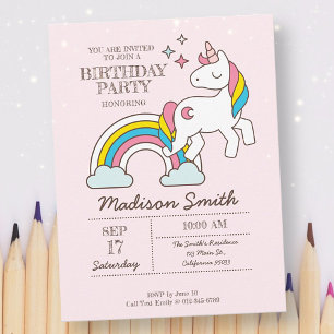 Cute Rainbow Unicorn en Sparkles Birthday Uitnodiging Briefkaart