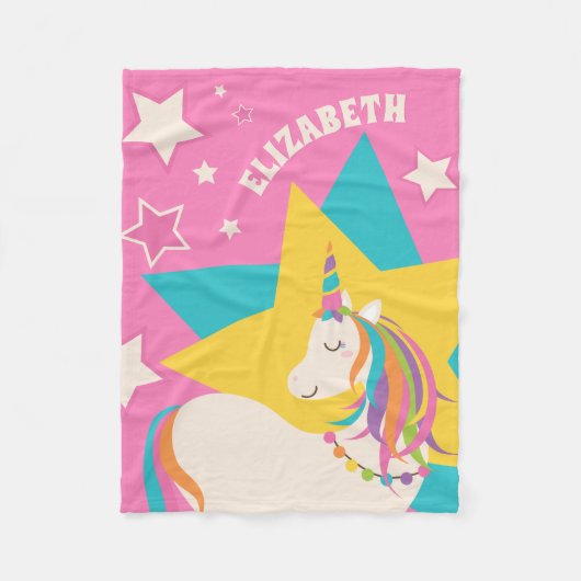 Cute Rainbow Unicorn en Stars Girly Pink Monogram Fleece Deken (Voorkant)