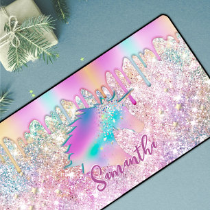 Cute Rainbow unicorn faux Glitter stars Monogram Bureaumat