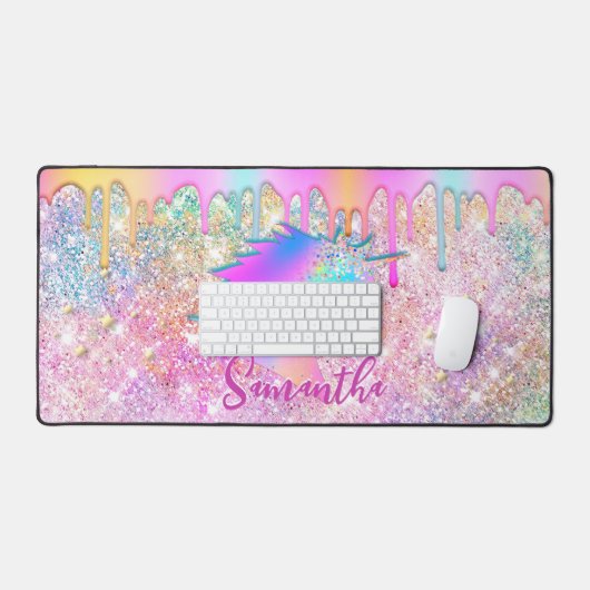 Cute Rainbow unicorn faux Glitter stars Monogram Bureaumat (Keyboard & Muis)