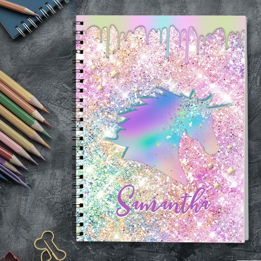 Cute Rainbow unicorn faux Glitter stars Monogram Notitieboek