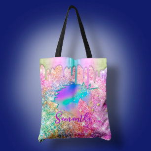 Cute Rainbow unicorn faux Glitter stars Monogram Tote Bag