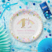 Cute Rainbow Unicorn Floral 1st Birthday Party Papieren Bordje (Feest)