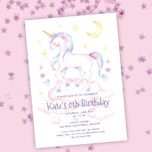 Cute Rainbow Unicorn Girl's Birthday Party Invite Kaart