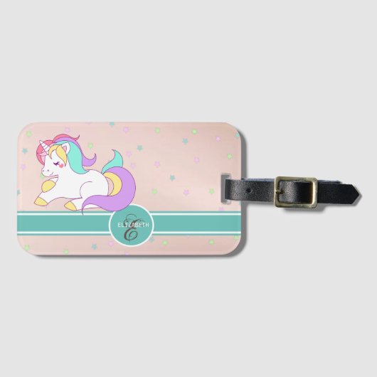 Cute Rainbow Unicorn, kleurrijke sterren Monogram Bagagelabel (Voorkant (horizontaal))