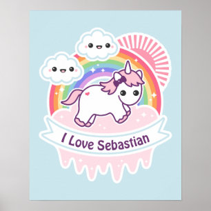 Cute Rainbow Unicorn met wolken Poster