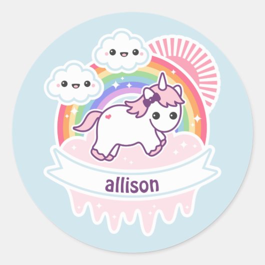 Cute Rainbow Unicorn met wolken Ronde Sticker (Voorkant)