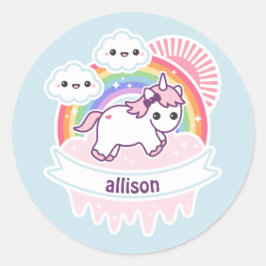 Cute Rainbow Unicorn met wolken Ronde Sticker