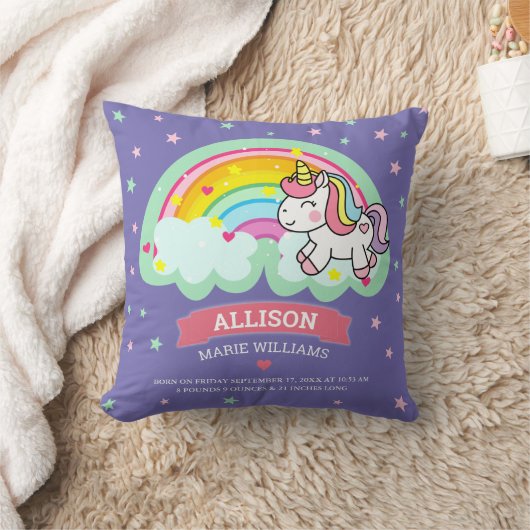 Cute Rainbow Unicorn Paarse Birth Stats Kussen (Deken)