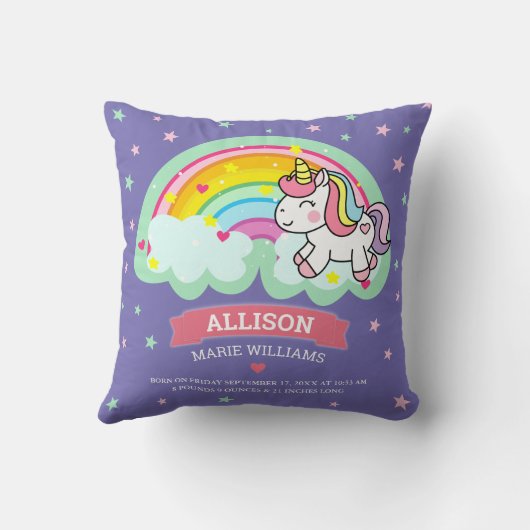 Cute Rainbow Unicorn Paarse Birth Stats Kussen (Achterkant)